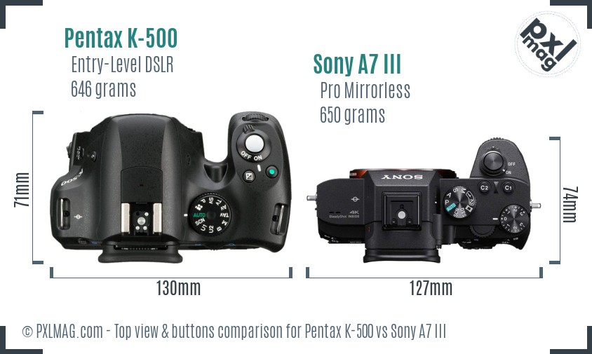 Pentax K-500 vs Sony A7 III top view buttons comparison