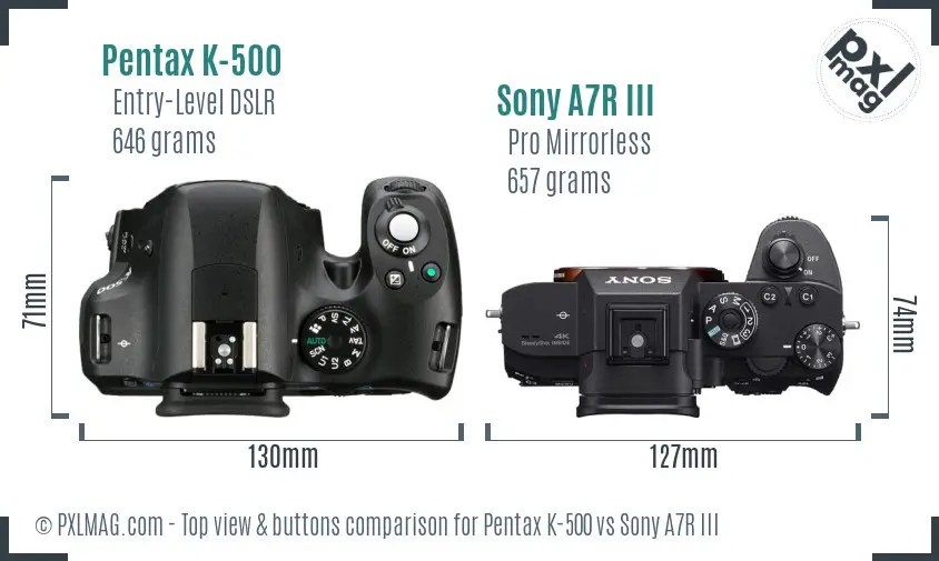 Pentax K-500 vs Sony A7R III top view buttons comparison Pentax K-500 vs Sony A7R III top view buttons comparison
