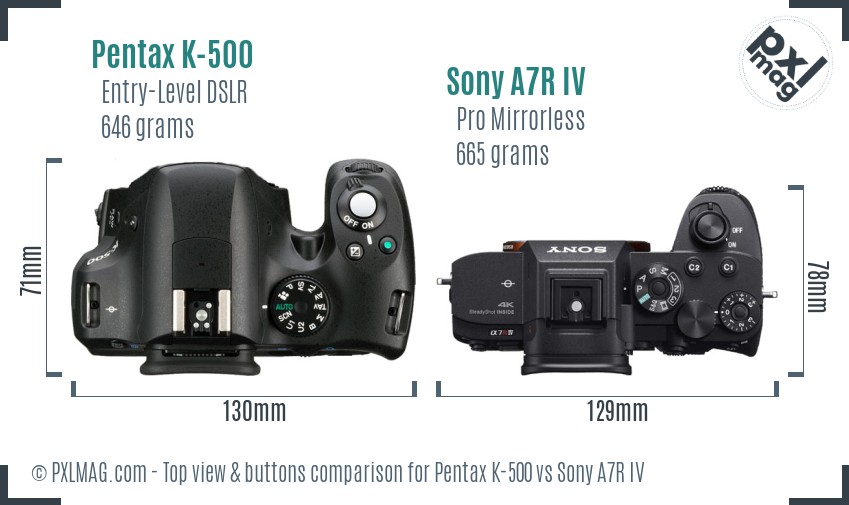 Pentax K-500 vs Sony A7R IV top view buttons comparison