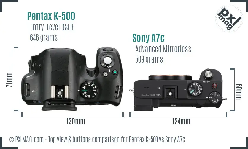 Pentax K-500 vs Sony A7c top view buttons comparison
