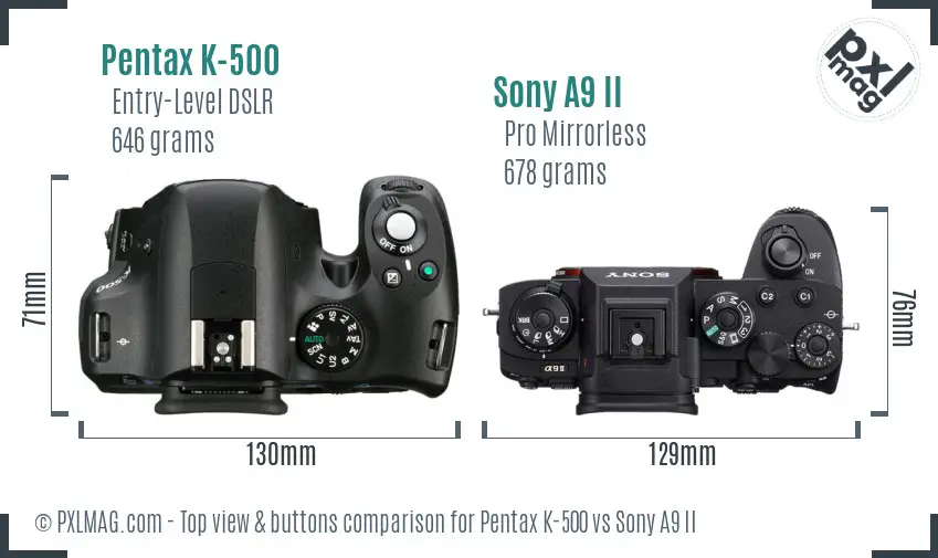 Pentax K-500 vs Sony A9 II top view buttons comparison