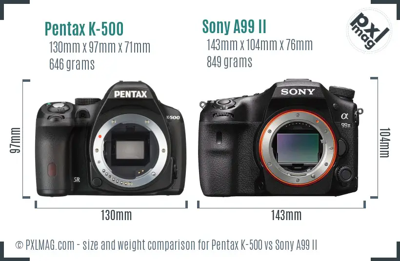 Pentax K-500 vs Sony A99 II size comparison