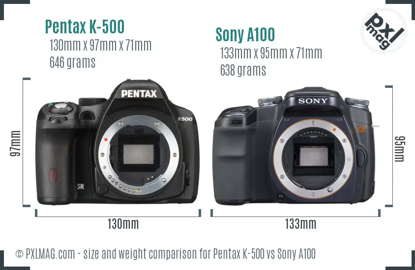 Pentax K-500 vs Sony A100 size comparison