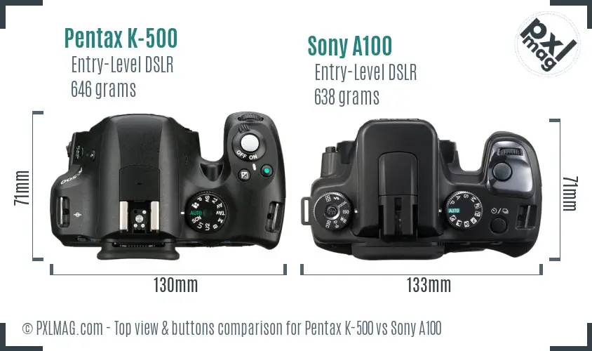 Pentax K-500 vs Sony A100 top view buttons comparison