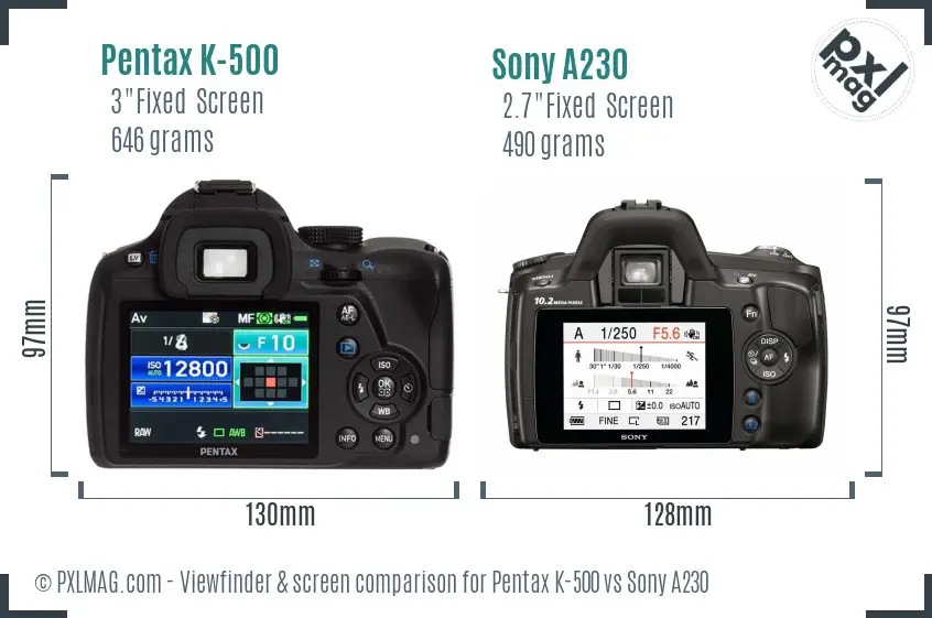 Pentax K-500 vs Sony A230 Screen and Viewfinder comparison