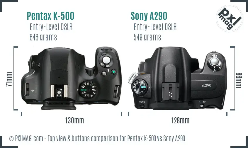 Pentax K-500 vs Sony A290 top view buttons comparison