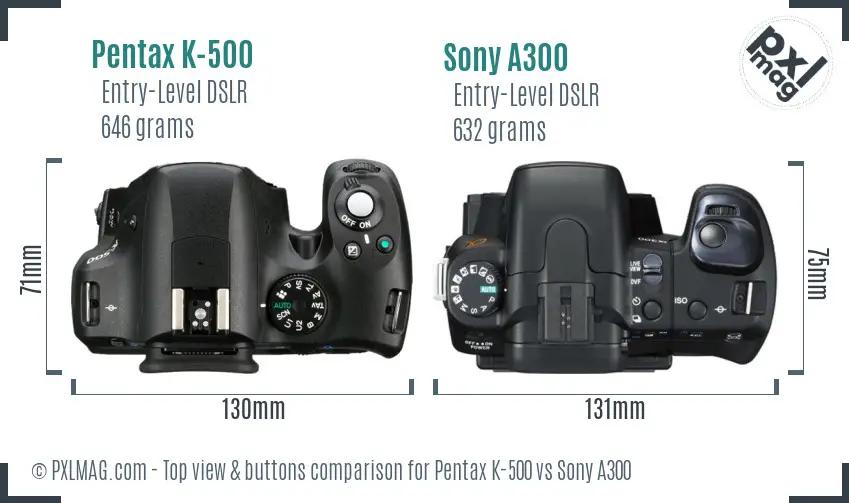Pentax K-500 vs Sony A300 top view buttons comparison