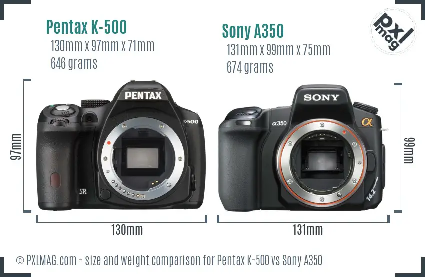 Pentax K-500 vs Sony A350 size comparison