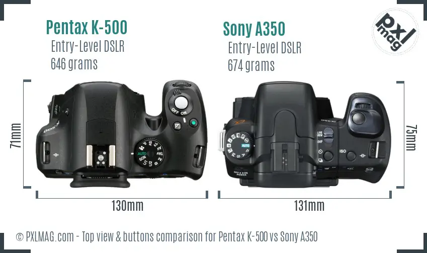 Pentax K-500 vs Sony A350 top view buttons comparison