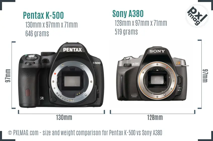 Pentax K-500 vs Sony A380 size comparison
