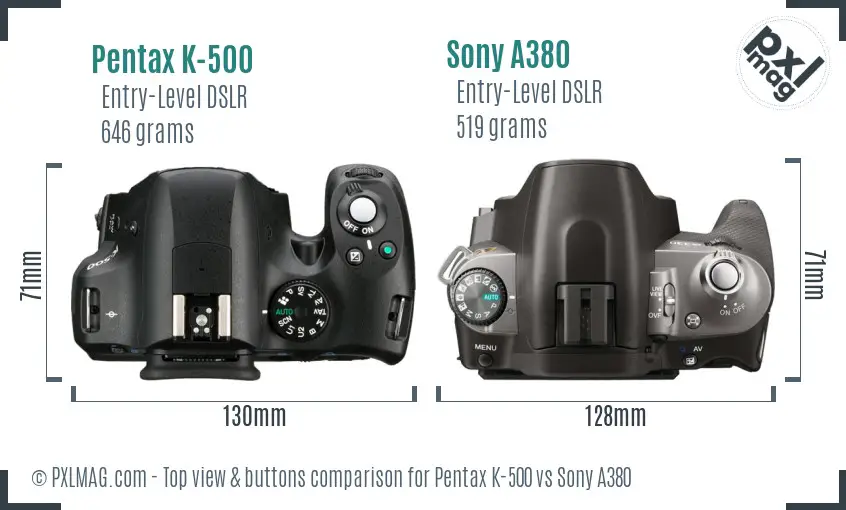 Pentax K-500 vs Sony A380 top view buttons comparison