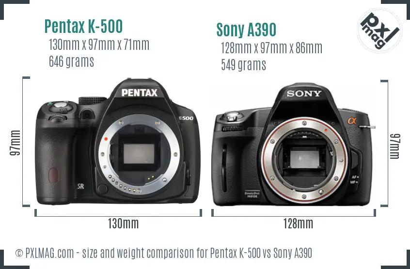 Pentax K-500 vs Sony A390 size comparison