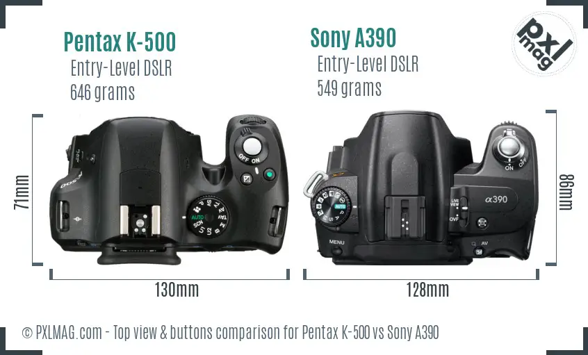 Pentax K-500 vs Sony A390 top view buttons comparison