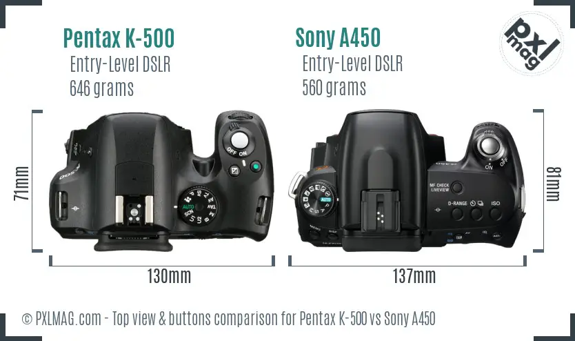 Pentax K-500 vs Sony A450 top view buttons comparison