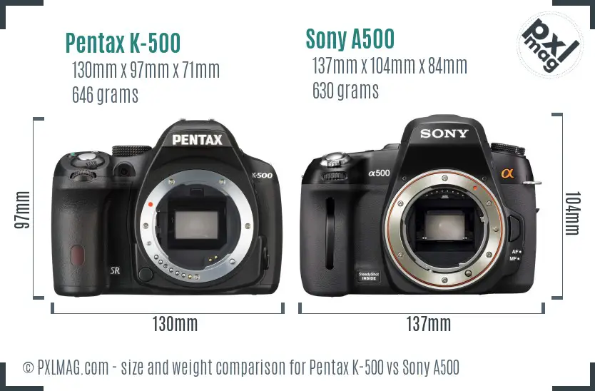 Pentax K-500 vs Sony A500 size comparison