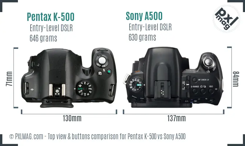 Pentax K-500 vs Sony A500 top view buttons comparison