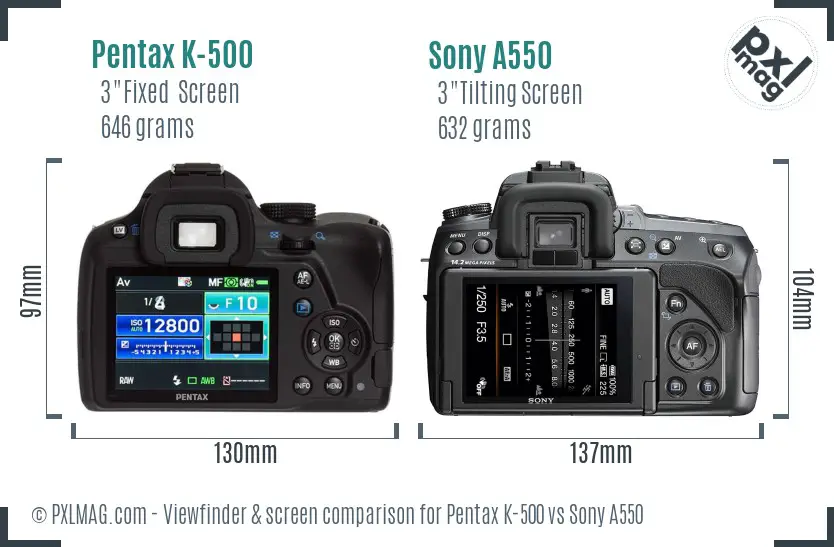 Pentax K-500 vs Sony A550 Screen and Viewfinder comparison