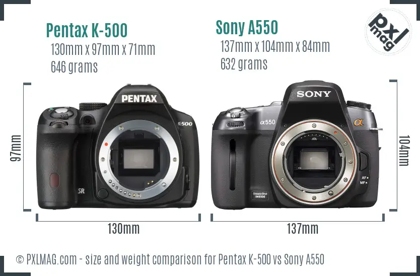 Pentax K-500 vs Sony A550 size comparison