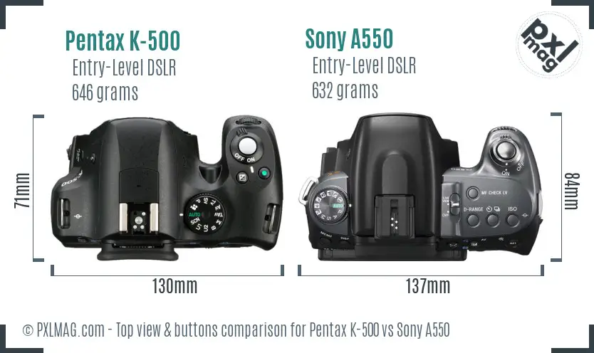 Pentax K-500 vs Sony A550 top view buttons comparison