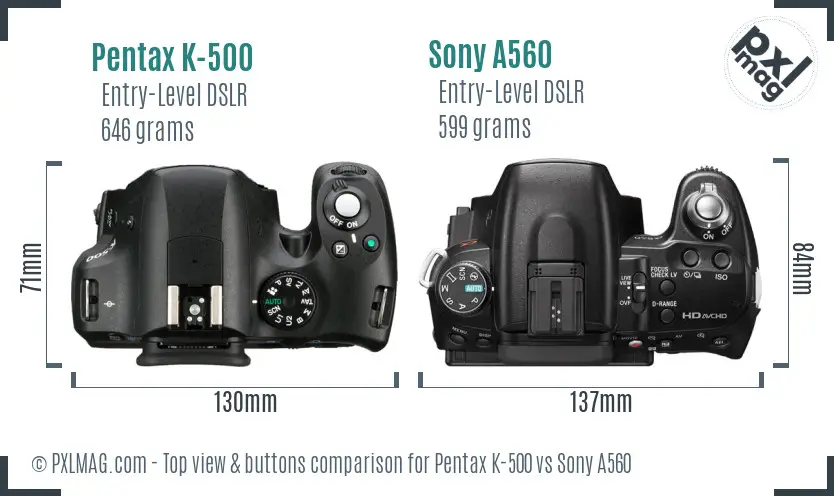 Pentax K-500 vs Sony A560 top view buttons comparison