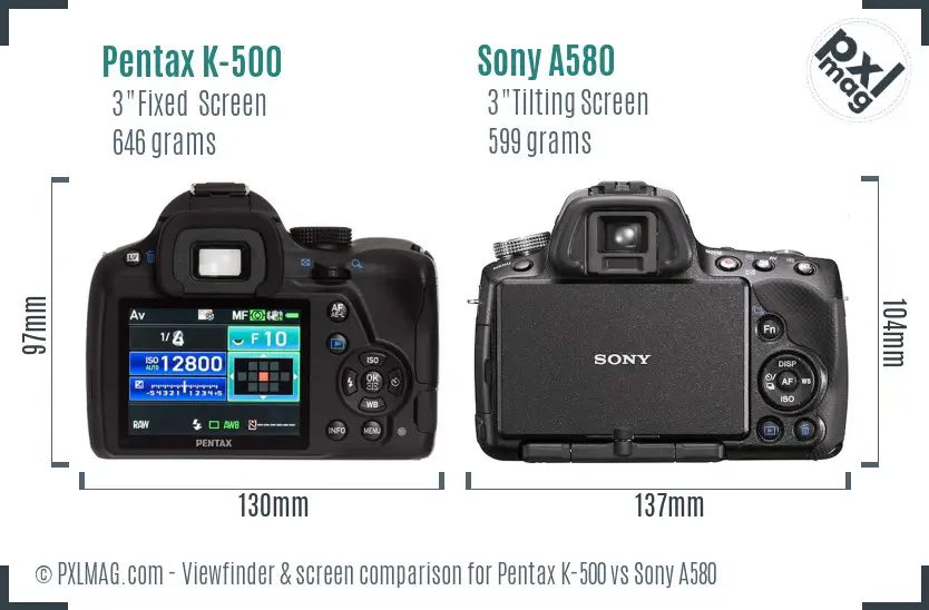 Pentax K-500 vs Sony A580 Screen and Viewfinder comparison
