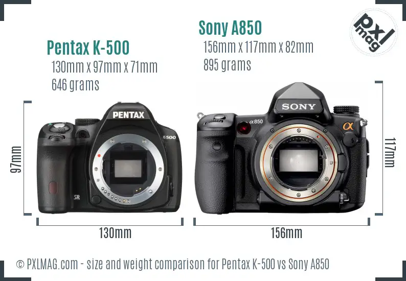 Pentax K-500 vs Sony A850 size comparison Pentax K-500 vs Sony A850 size comparison