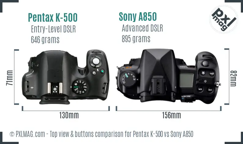 Pentax K-500 vs Sony A850 top view buttons comparison Pentax K-500 vs Sony A850 top view buttons comparison
