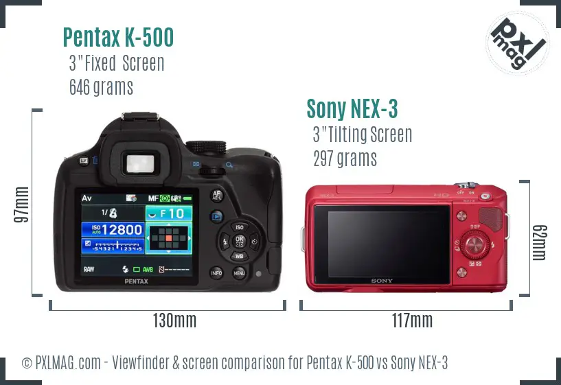 Pentax K-500 vs Sony NEX-3 Screen and Viewfinder comparison