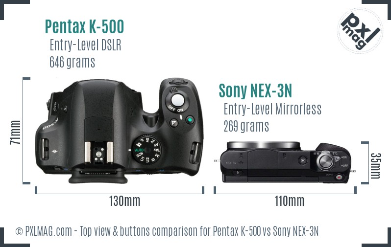 Pentax K-500 vs Sony NEX-3N top view buttons comparison
