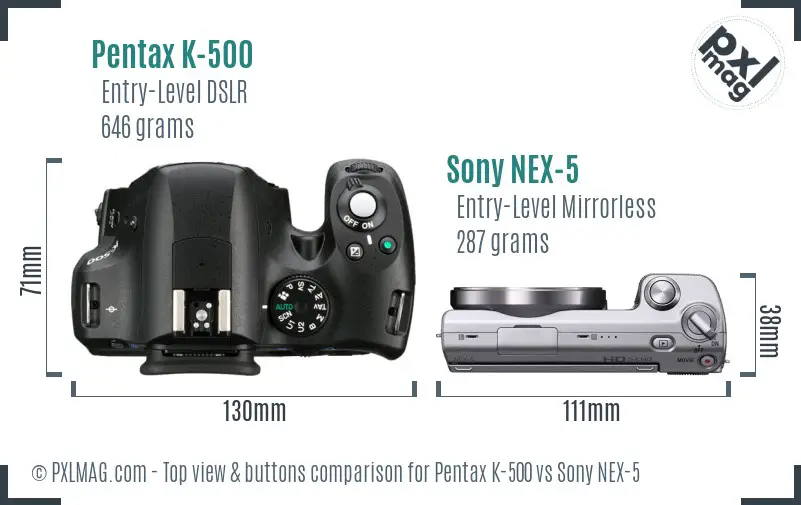 Pentax K-500 vs Sony NEX-5 top view buttons comparison