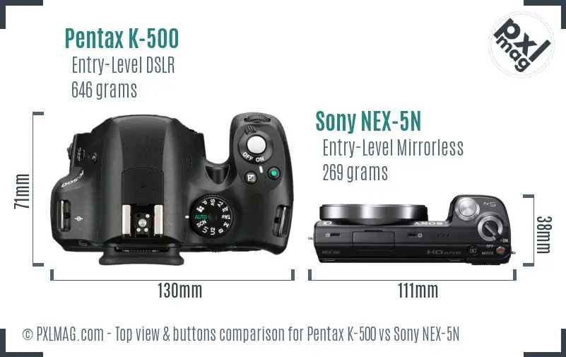 Pentax K-500 vs Sony NEX-5N top view buttons comparison