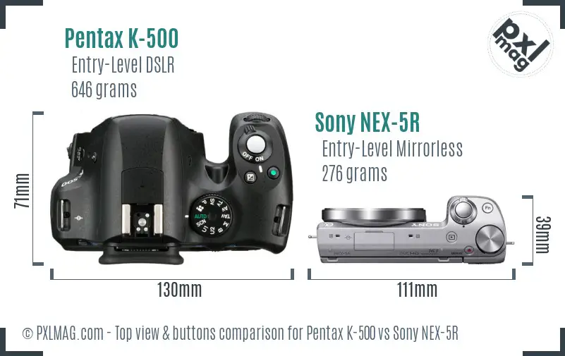 Pentax K-500 vs Sony NEX-5R top view buttons comparison