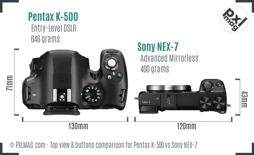Pentax K-500 vs Sony NEX-7 top view buttons comparison