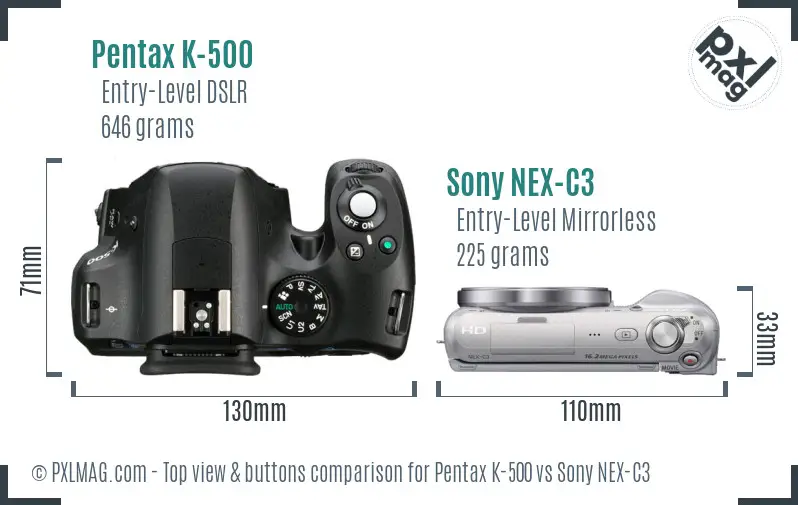 Pentax K-500 vs Sony NEX-C3 top view buttons comparison