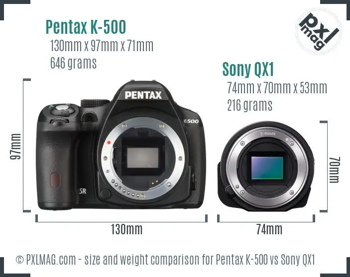 Pentax K-500 vs Sony QX1 size comparison