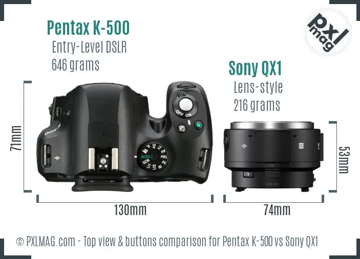 Pentax K-500 vs Sony QX1 top view buttons comparison