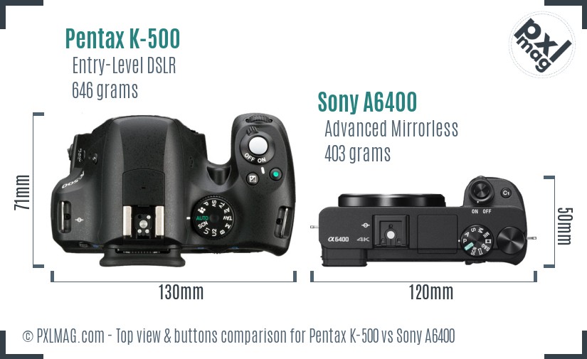Pentax K-500 vs Sony A6400 top view buttons comparison