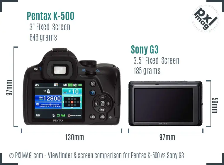 Pentax K-500 vs Sony G3 Screen and Viewfinder comparison