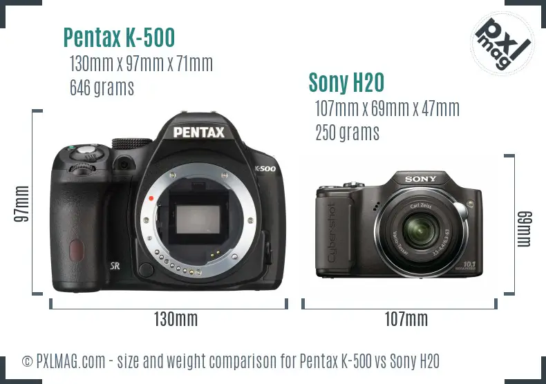 Pentax K-500 vs Sony H20 size comparison