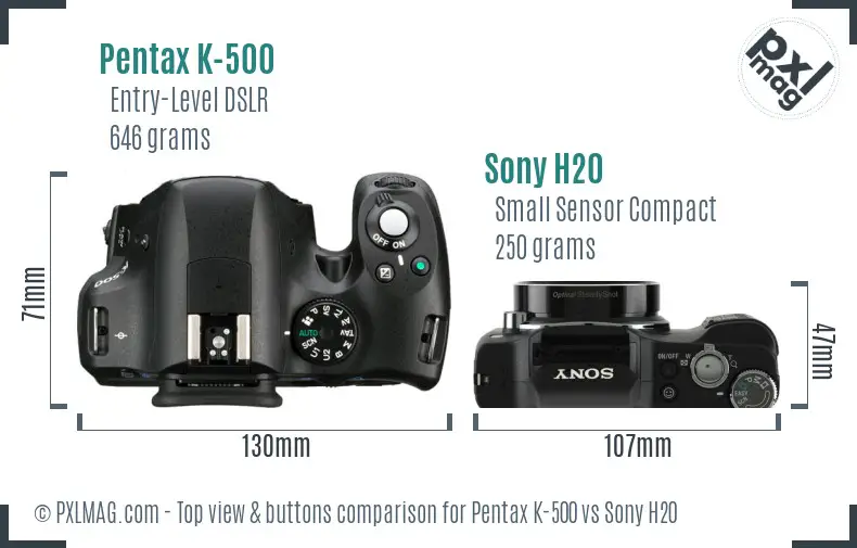 Pentax K-500 vs Sony H20 top view buttons comparison