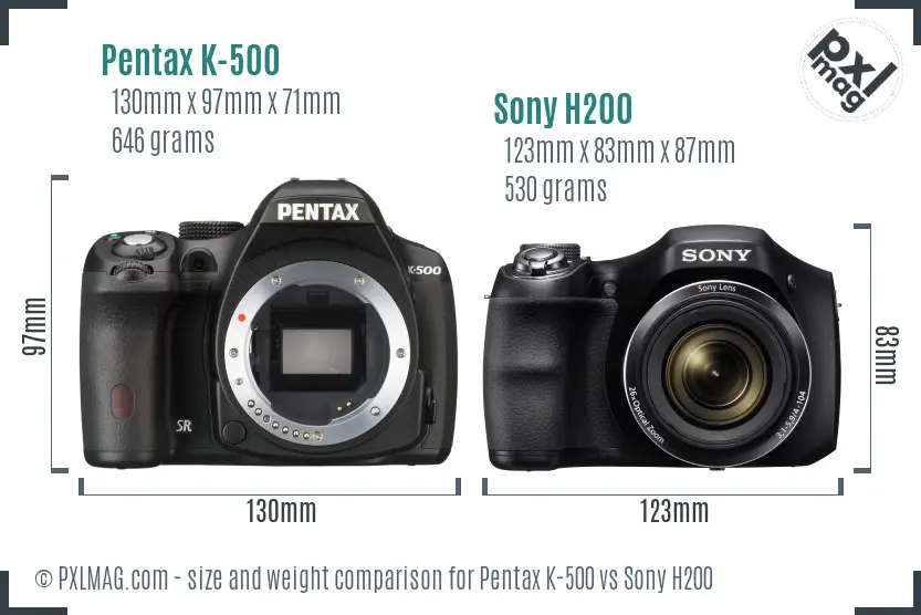 Pentax K-500 vs Sony H200 size comparison