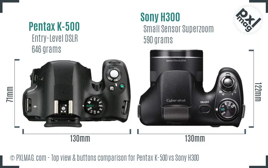 Pentax K-500 vs Sony H300 top view buttons comparison Pentax K-500 vs Sony H300 top view buttons comparison