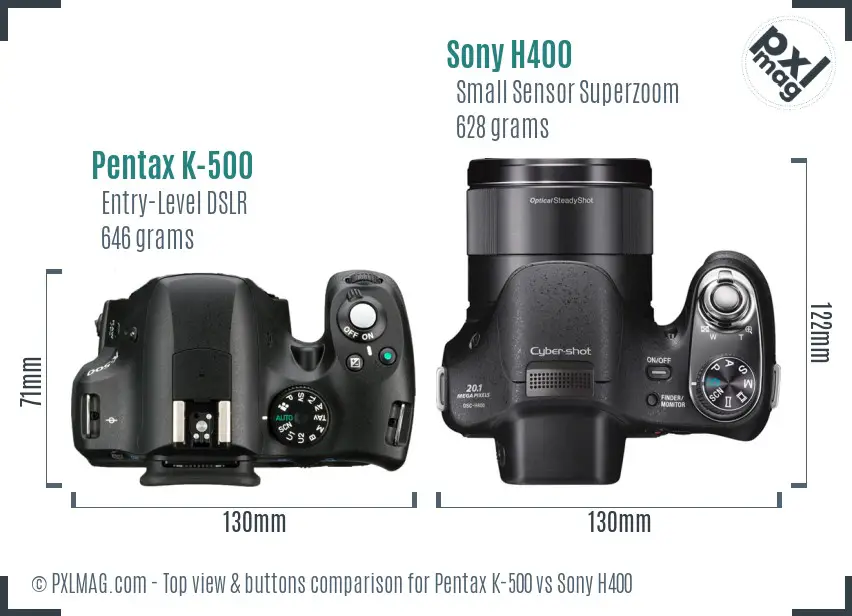 Pentax K-500 vs Sony H400 top view buttons comparison