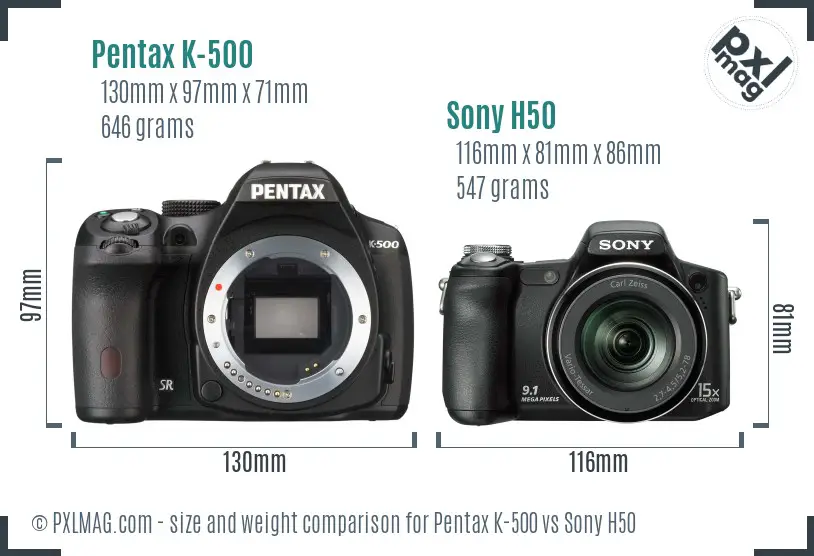 Pentax K-500 vs Sony H50 size comparison