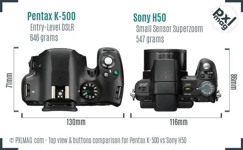 Pentax K-500 vs Sony H50 top view buttons comparison