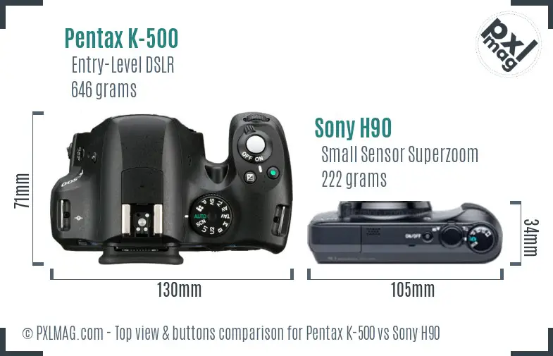 Pentax K-500 vs Sony H90 top view buttons comparison Pentax K-500 vs Sony H90 top view buttons comparison