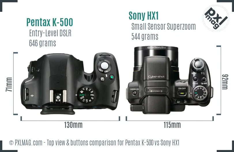 Pentax K-500 vs Sony HX1 top view buttons comparison