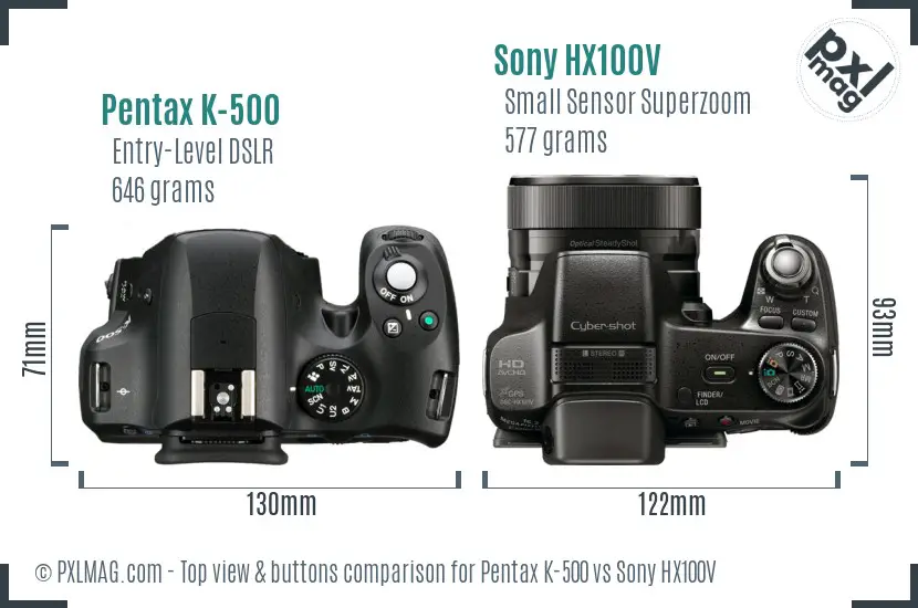 Pentax K-500 vs Sony HX100V top view buttons comparison