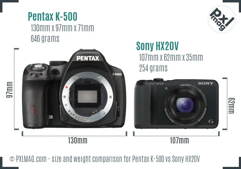Pentax K-500 vs Sony HX20V size comparison