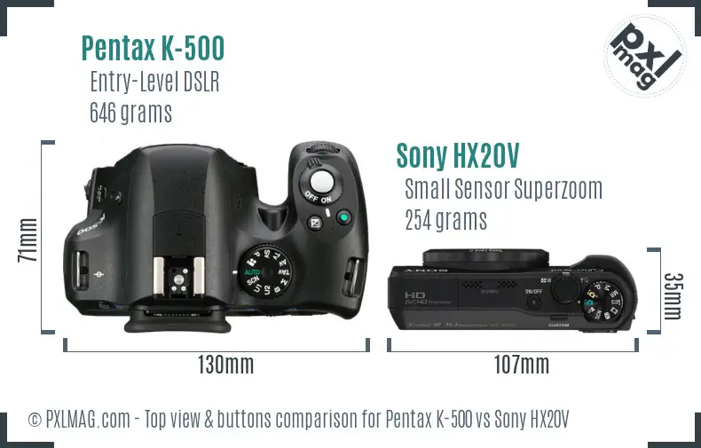 Pentax K-500 vs Sony HX20V top view buttons comparison